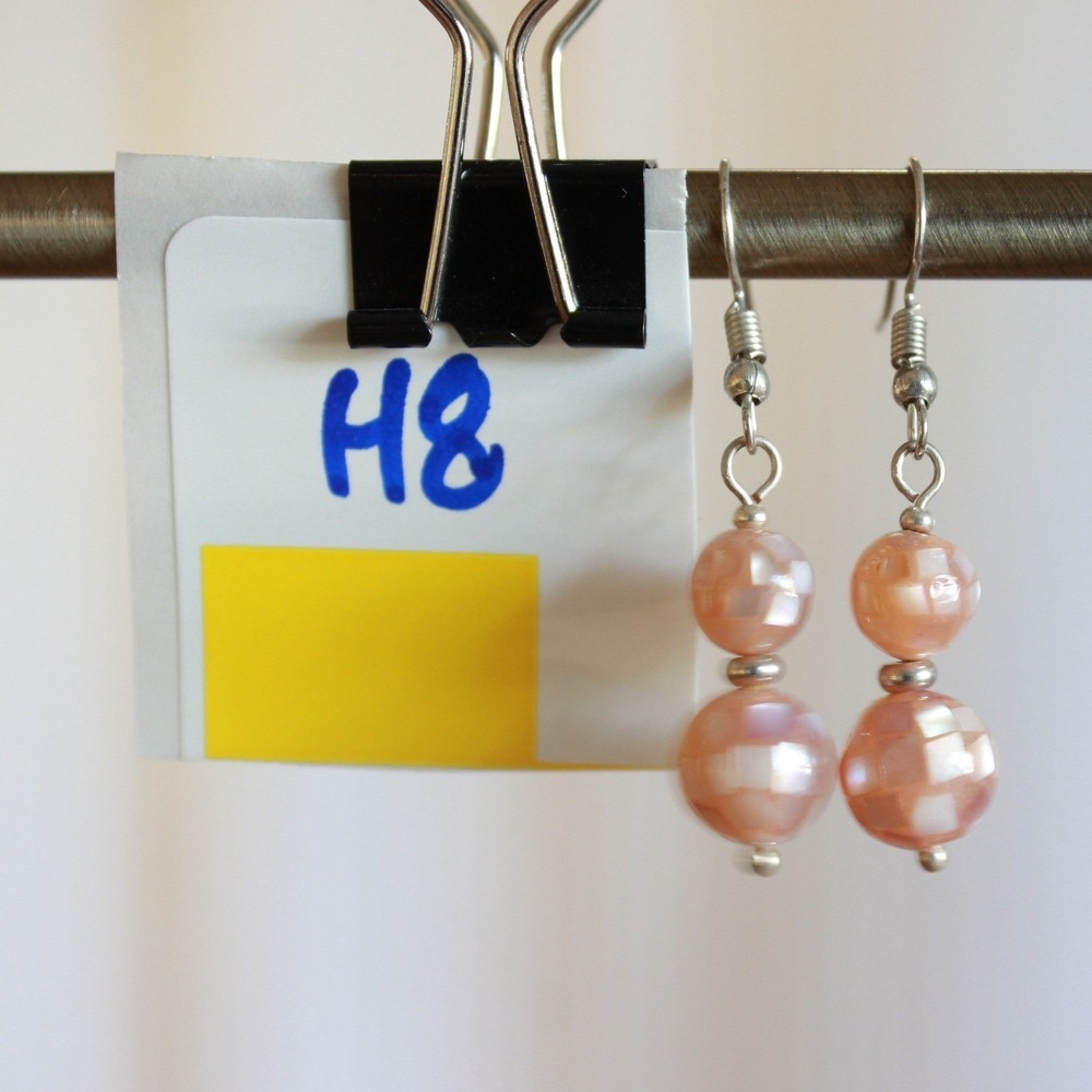 Pink Mother of Pearl Mosaic Bead Dangle Earrings Silver Tone French Hook H8 - Picture 3 of 3
